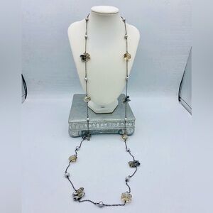 Antique Silver Tone Chain Necklace W/ Stationed Faux Pearls & Faceted Crystals
